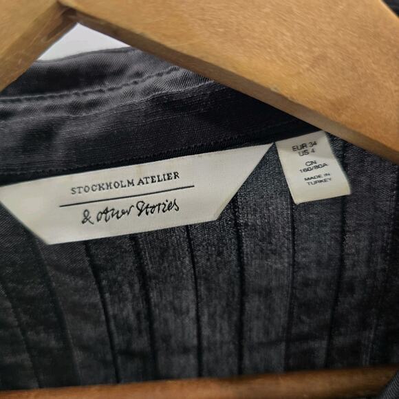 & Other Stories T Shirt Womens Small 4 Black Button Linen Striped Oversized Boxy - Picture 3 of 12